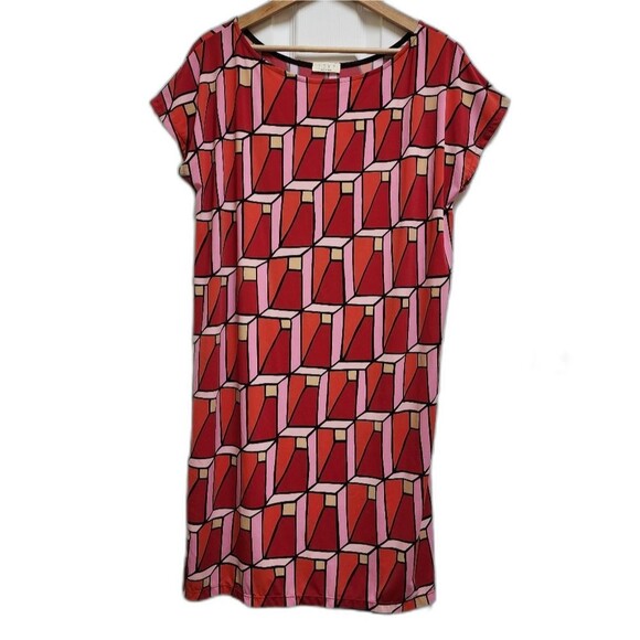 SIYU Dress 6 Red Multi Geometric Short Sleeve Knit Pullover Spain 40 Mini Spain - Picture 1 of 8